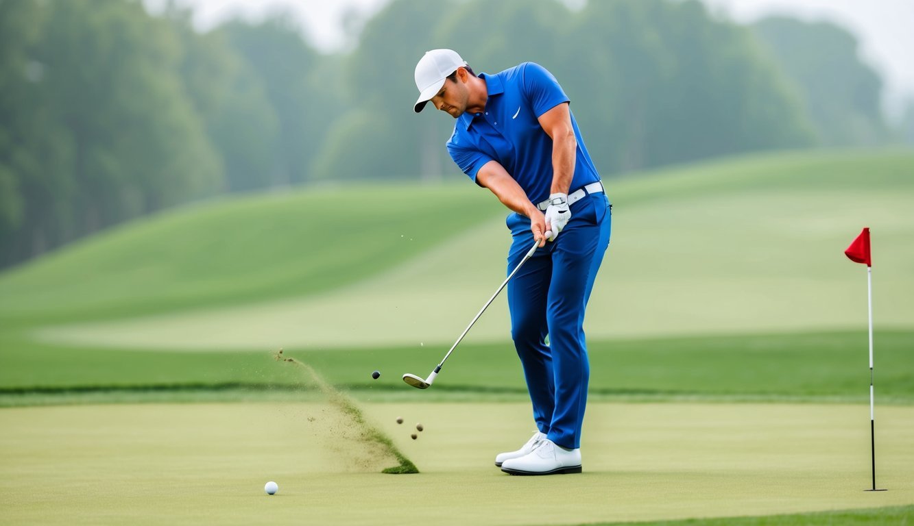 A golfer swings a hybrid club, chipping the ball onto the green with precision and control