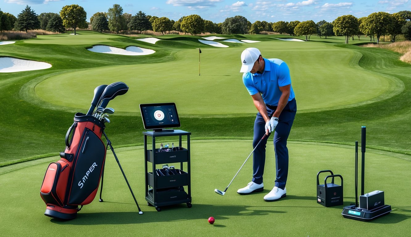 A golfer analyzing their swing mechanics with the help of advanced technology and equipment on a well-maintained golf course